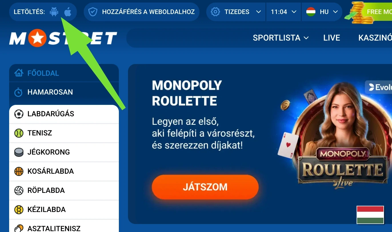 Mostbet app letöltési gomb a kezdőlapon