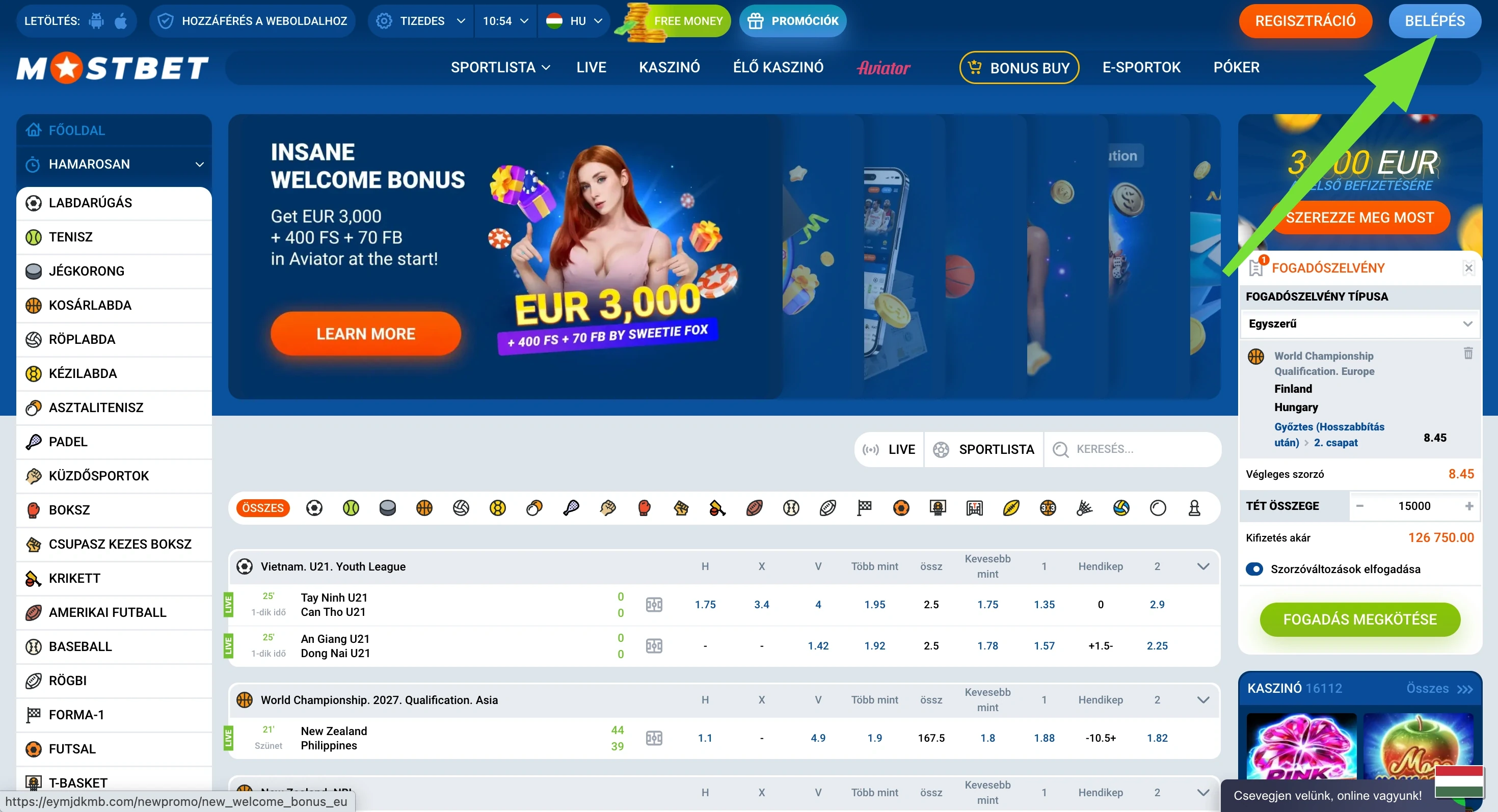 Mostbet Belépés gomb a fejlécben