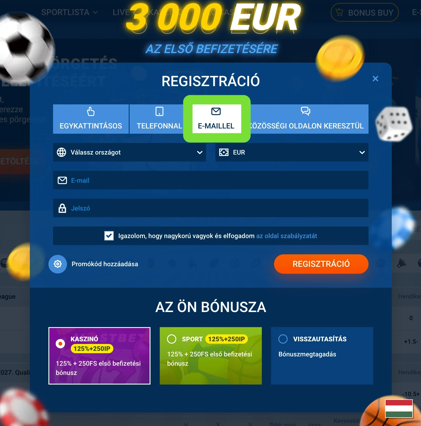 Mostbet e-mailes regisztrációs fül