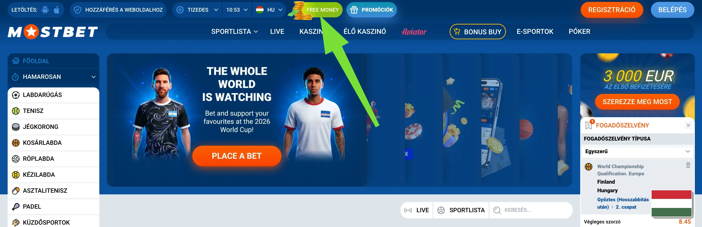 Mostbet Free Money gomb a fejlécben